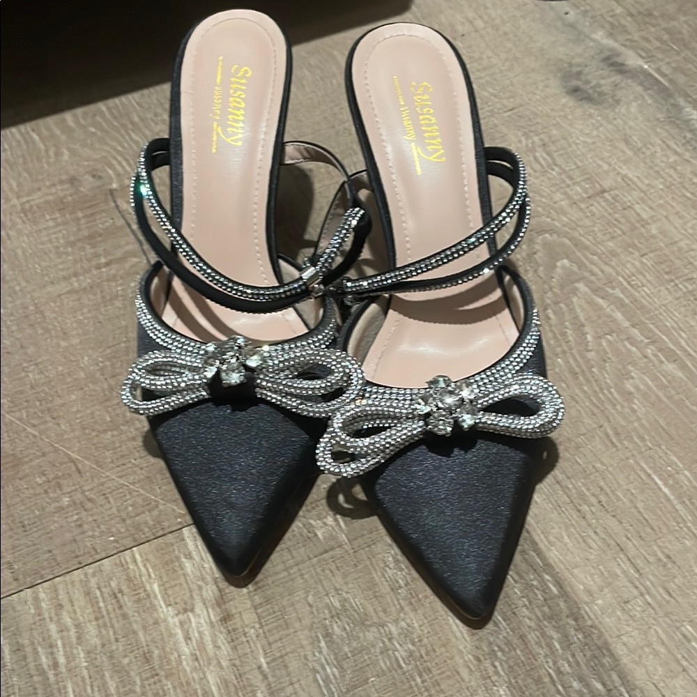 Staccato Black Heels with Sparkling Bow